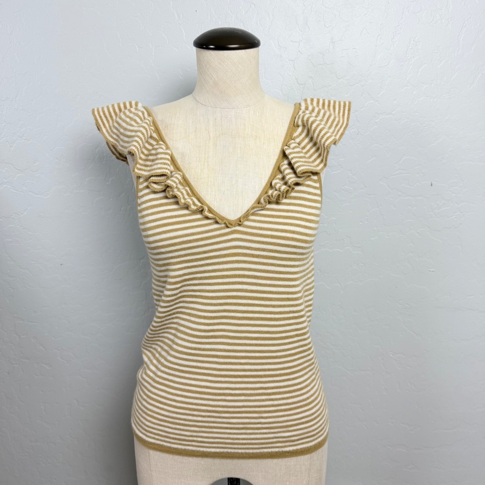 Madewell Tan White Merino Wool Blend Striped Ruffle V-Neck Knit Tank Top Small